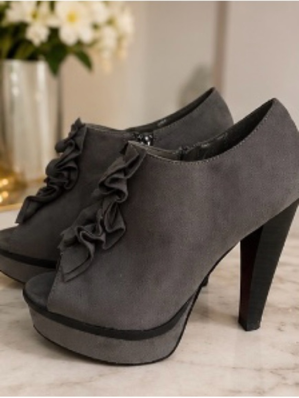 Charlotte Russe Gray Ruffle Peep-Toe Wedge Booties